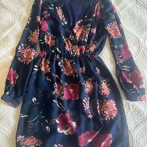 Lulu's Floral Long Sleeve Dress - Navy and Pink